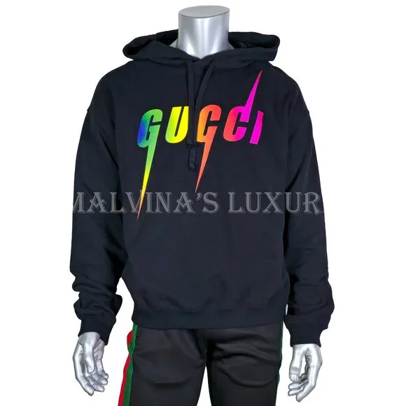 GUCCI MENS SWEATSHIRT BLACK COTTON HOODIE w BLADE LOGO sz L LARGE
